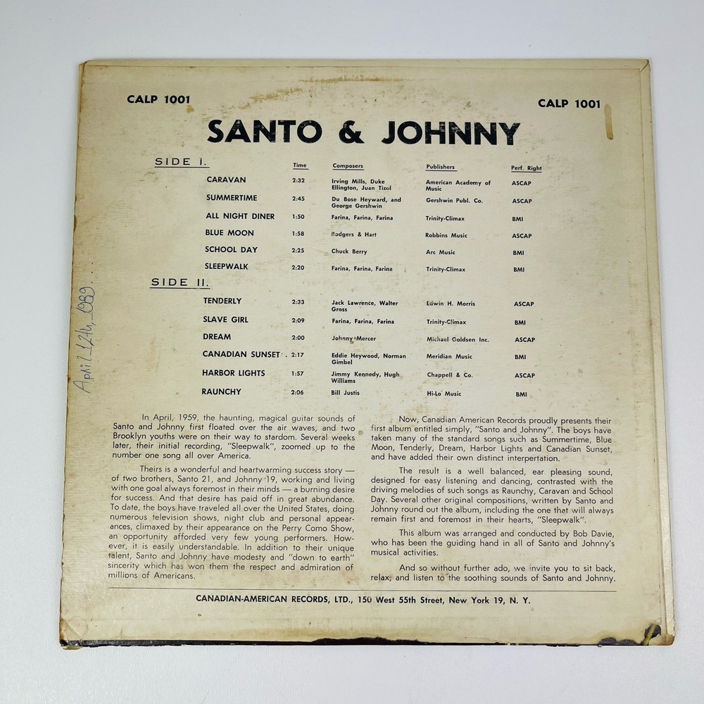 Santo Johnny S T 1959 Canadian American CALP 1001 Mono Jacket‎ Vinyl - Picture 7 of 7
